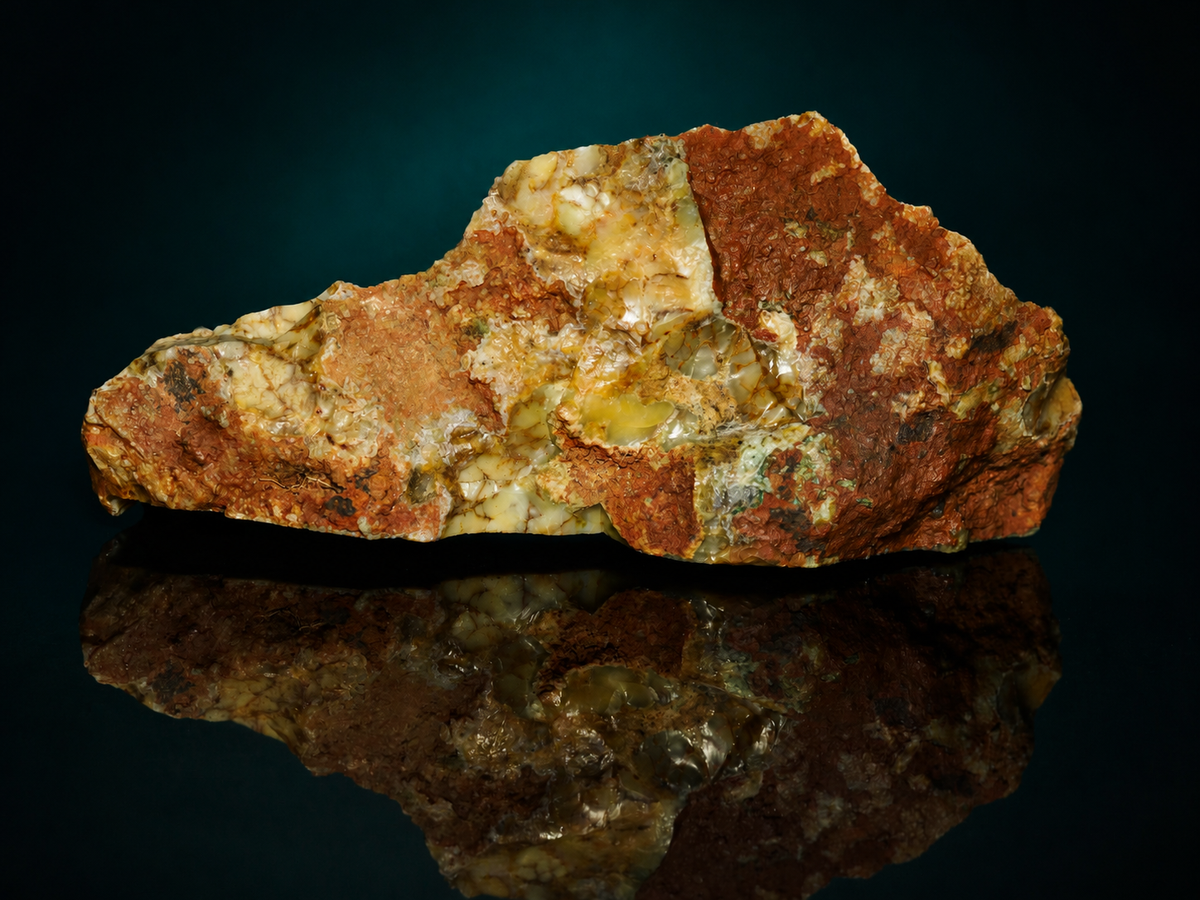 Yellow dendritic opalite specimen, red-brown matrix reverse view