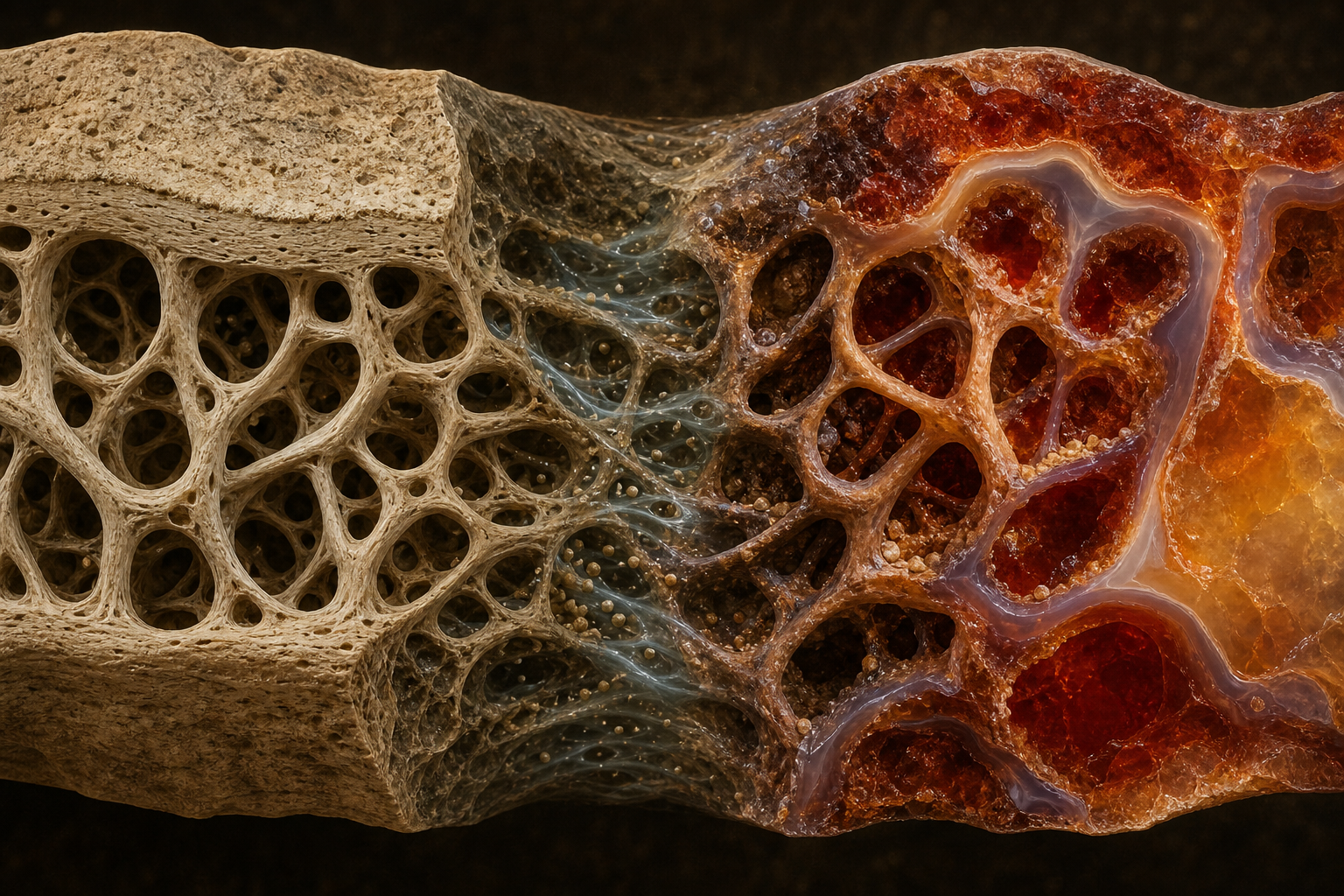 Illustration of porous bone becoming mineral-filled dinosaur gem bone