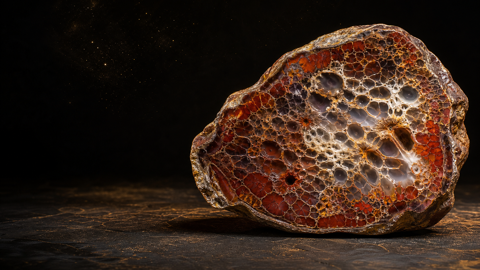 Polished red and cream dinosaur gem bone showing preserved cellular structure