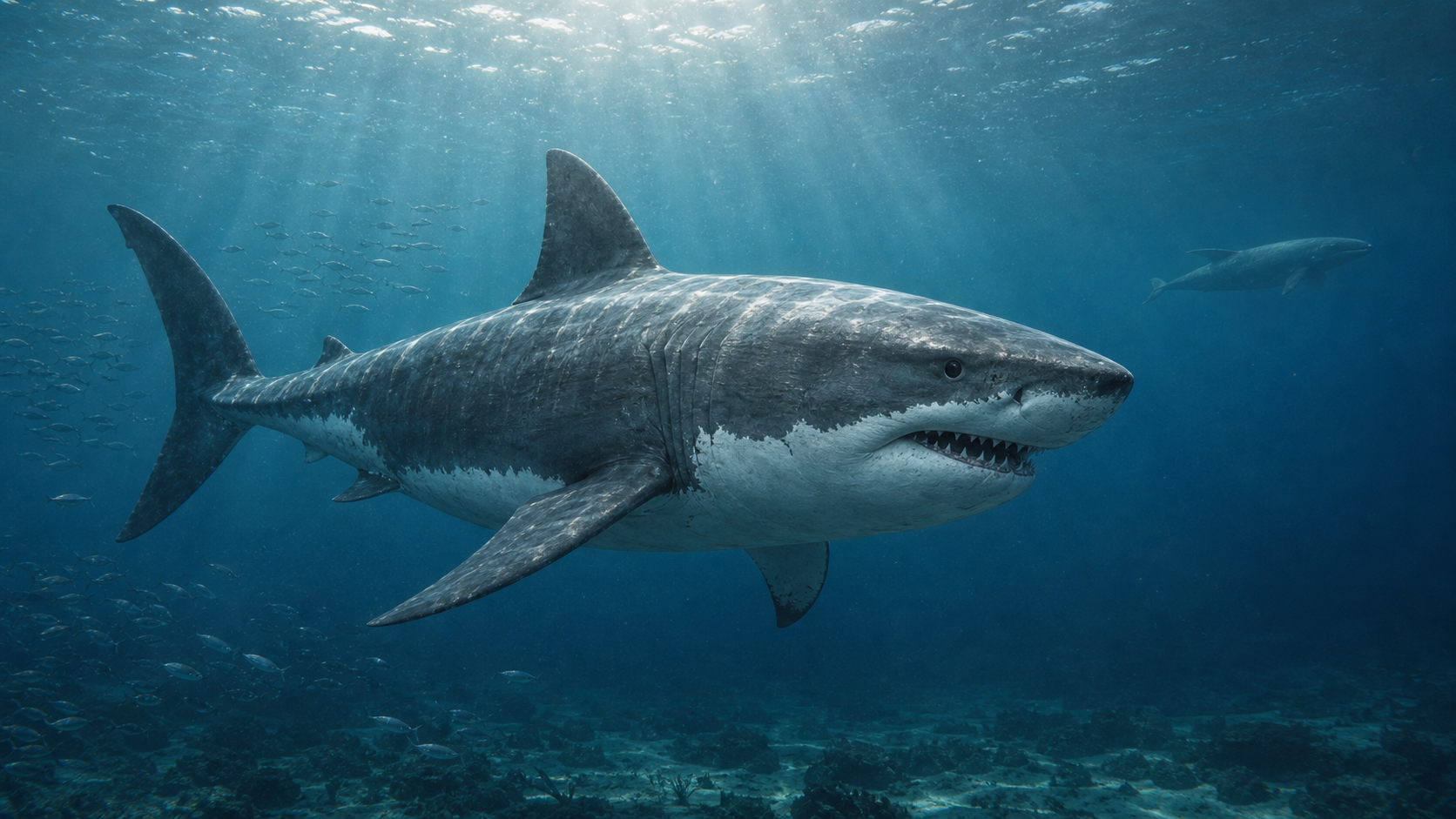Artistic reconstruction of Otodus megalodon swimming in a Miocene sea with schooling fish and a distant marine mammal