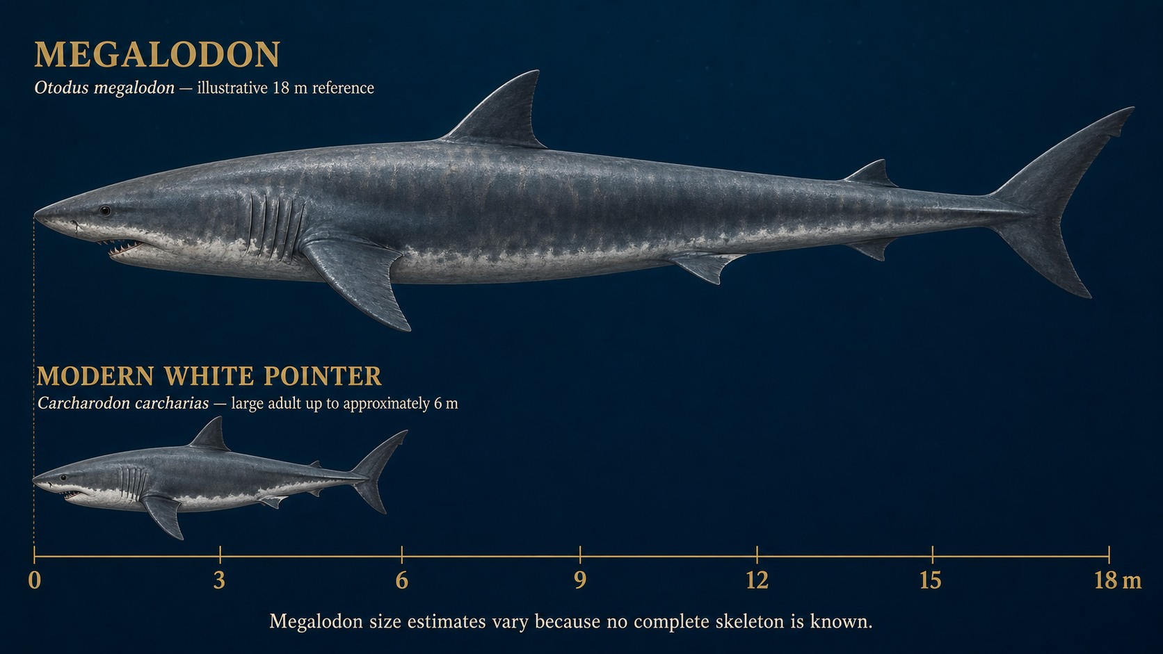 Scale comparison showing an illustrative 18 metre Otodus megalodon above a six metre modern white pointer