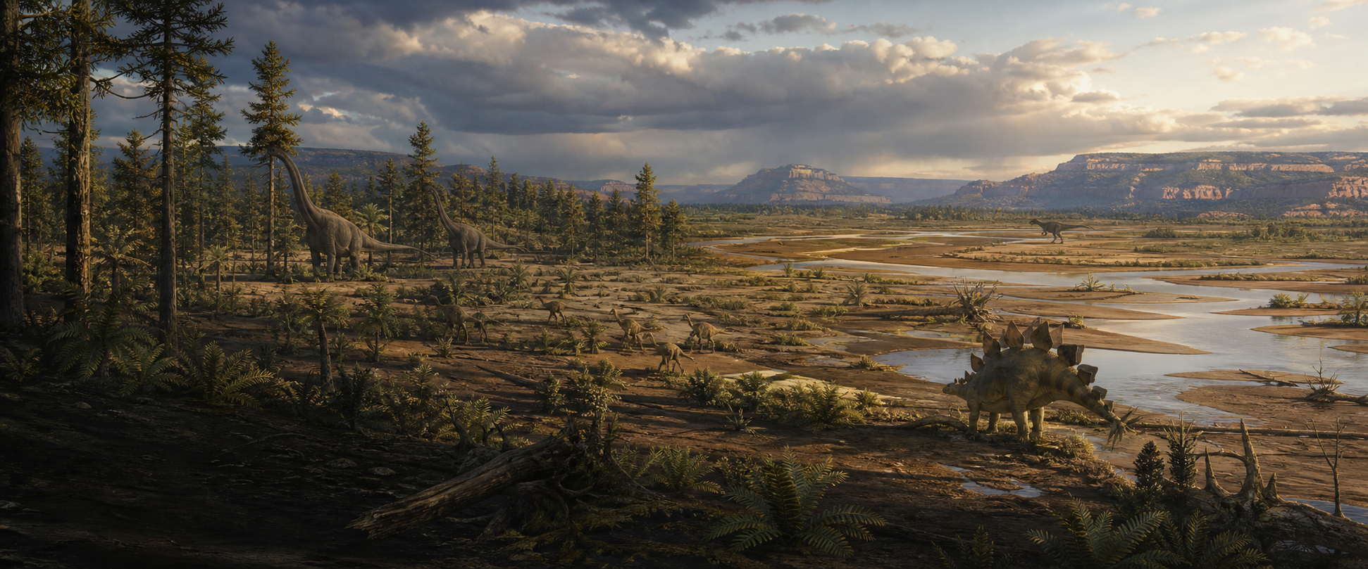 Artistic reconstruction of a Late Jurassic Morrison Formation river floodplain with sauropods, Stegosaurus and smaller dinosaurs
