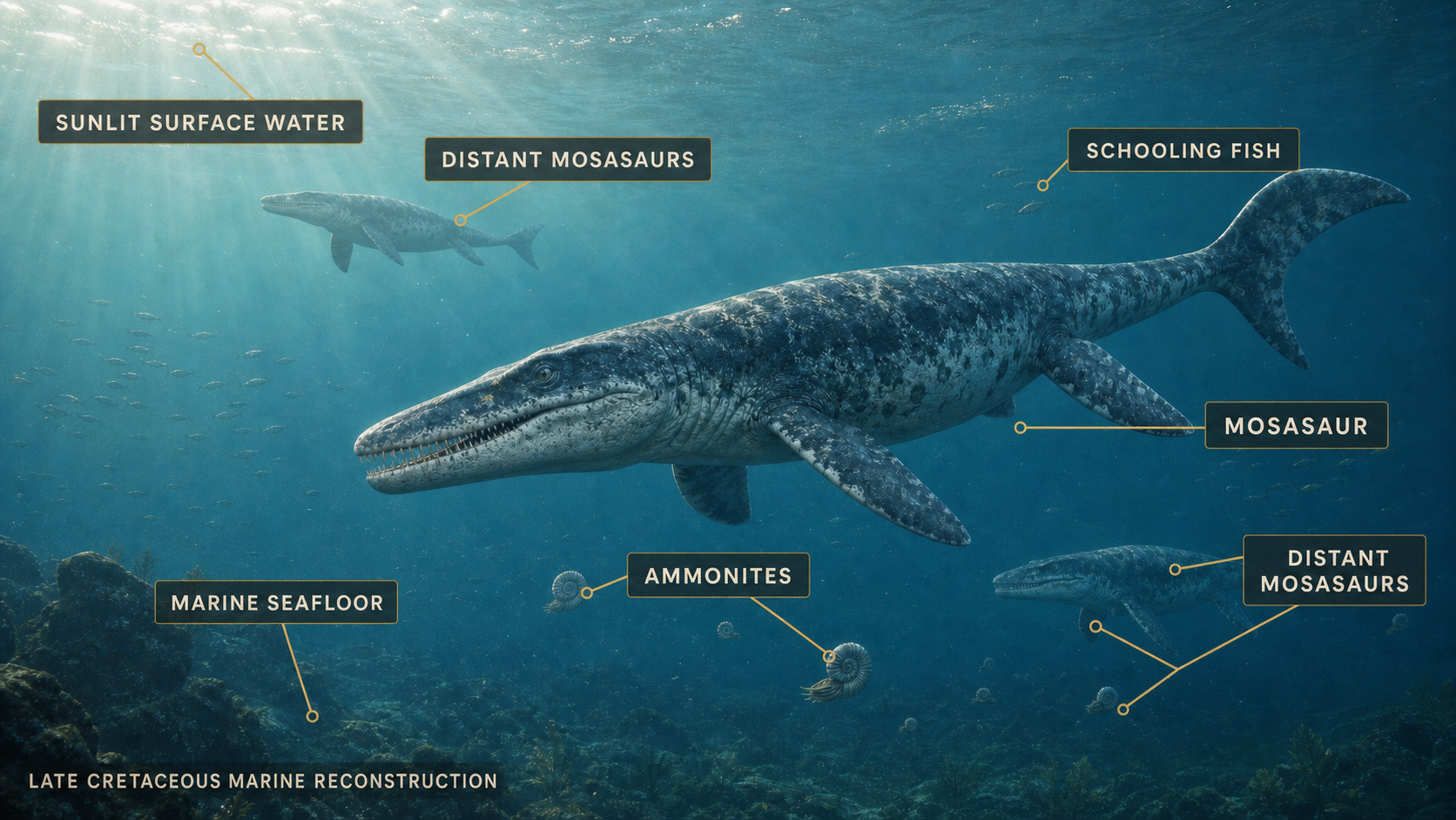Labelled artistic reconstruction identifying mosasaurs, ammonites, schooling fish, sunlit surface water and the marine seafloor in a Late Cretaceous sea